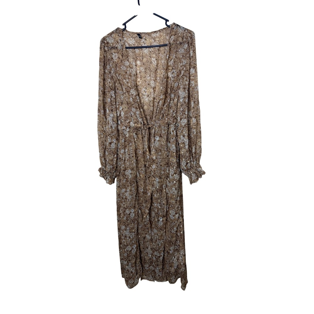 Express Womens Floral Metallic Sheer Duster‎ Cardigan Brown Tan M/L